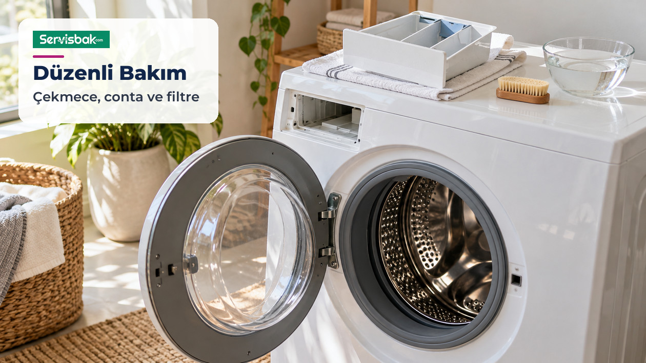 Kapağı aralık bırakılmış çamaşır makinesi ve temizlenmiş deterjan çekmecesi