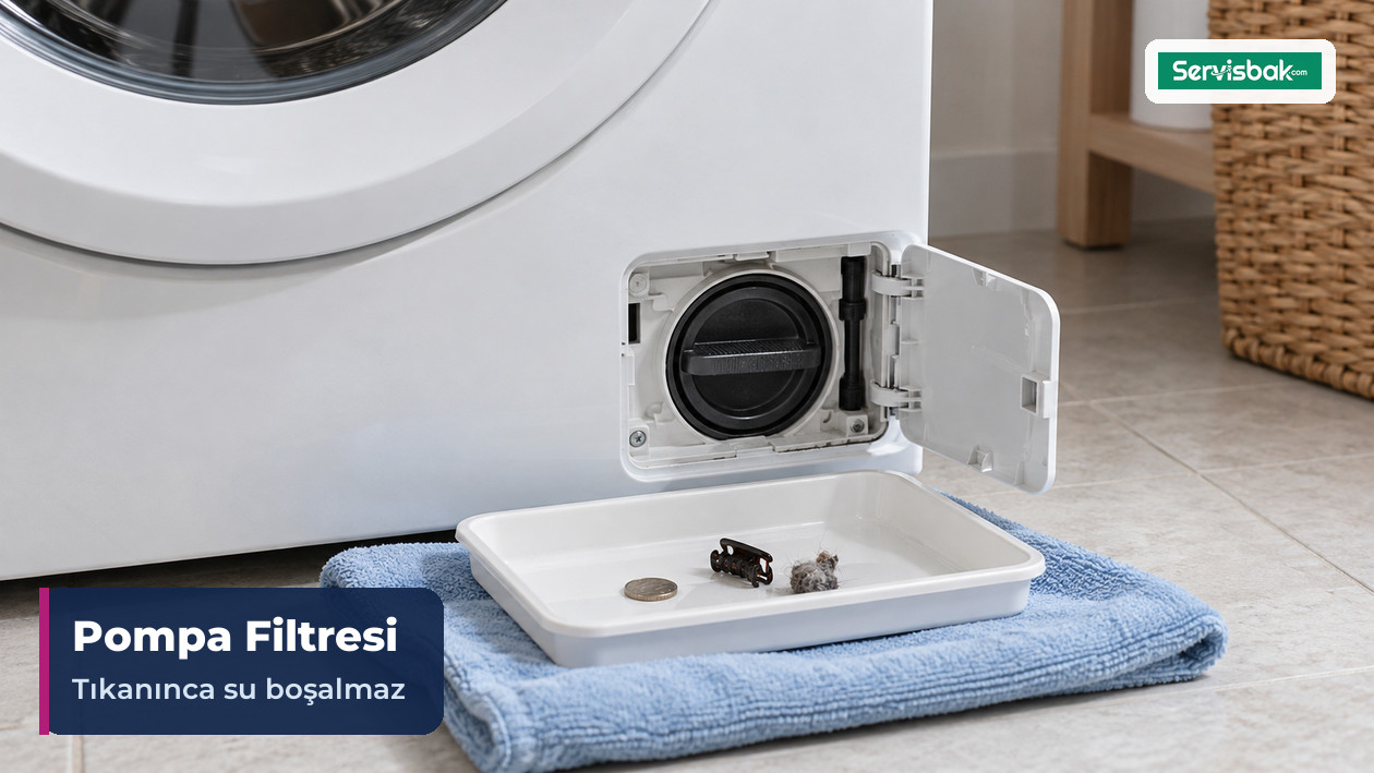 Çamaşır makinesinin açılmış pompa filtresi kapağı ve altındaki tepsi
