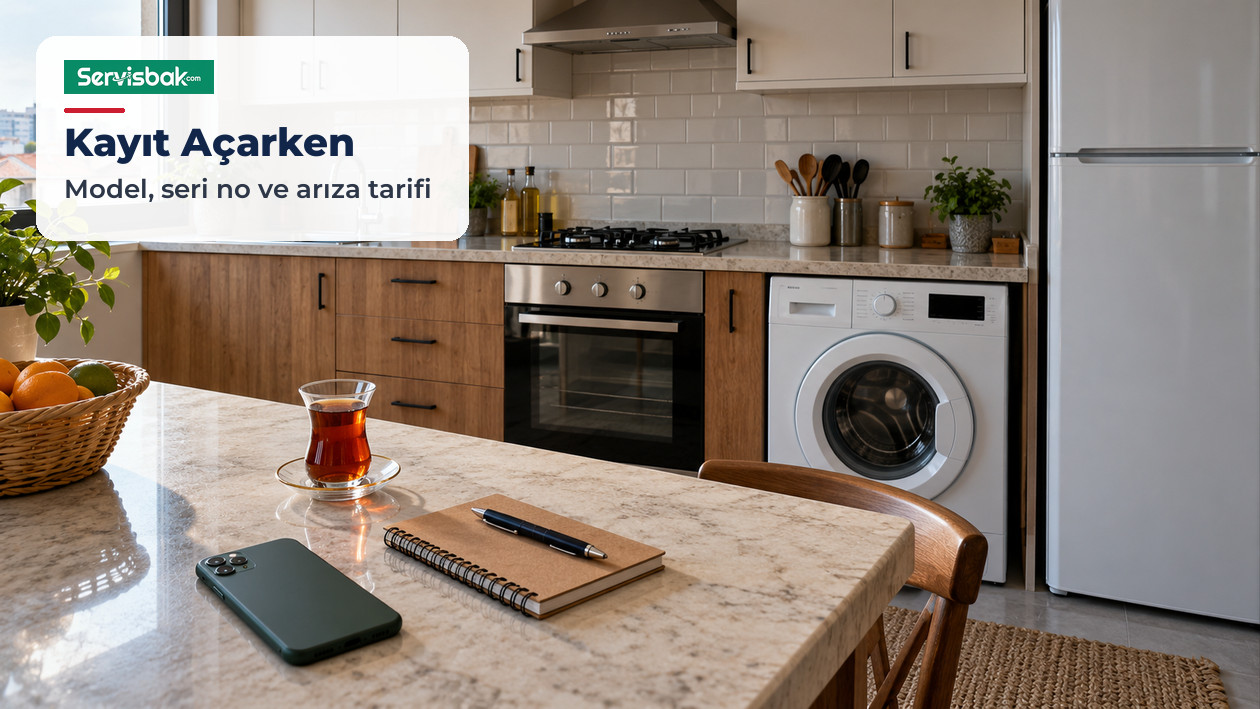 Mutfak tezgâhında telefon, defter ve çay; arkada fırın, çamaşır makinesi ve buzdolabı
